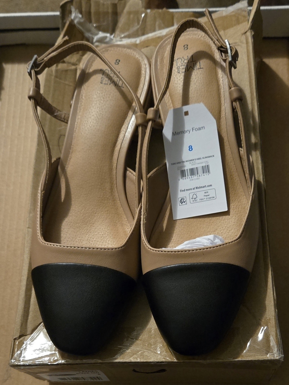 Time And True Womens Slingback Block Heel Tan/ Black Shoe Size 8